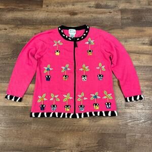 Quacker Factory Pink Cardigan Sweater 3D Embroidered Twee Teacher Potted Plants
